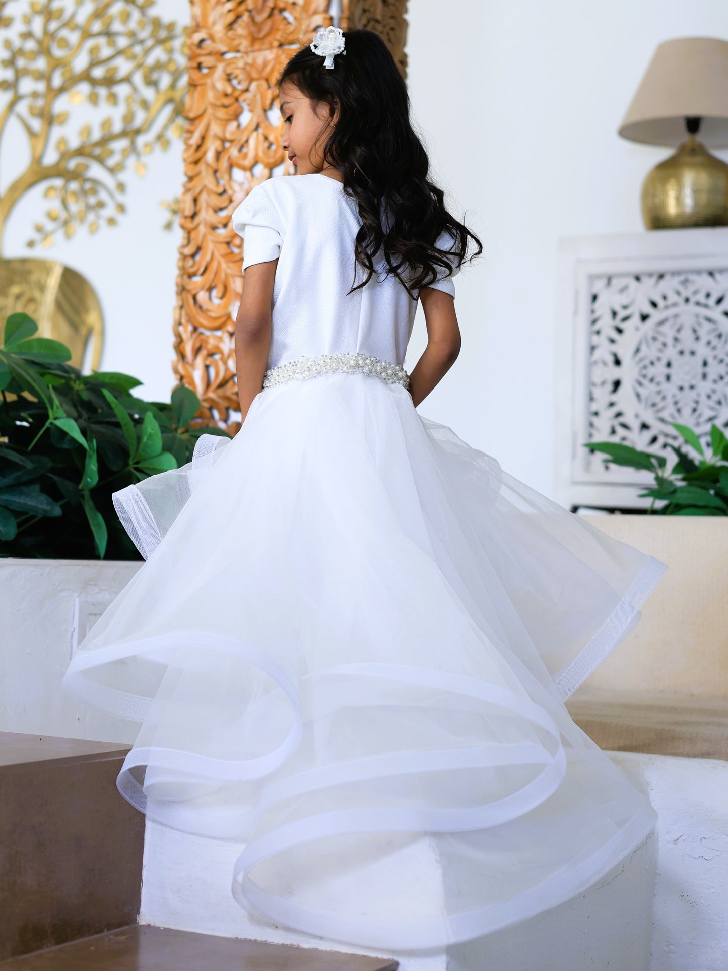 Pear Bear White Detachable Belt with Drape Dress.