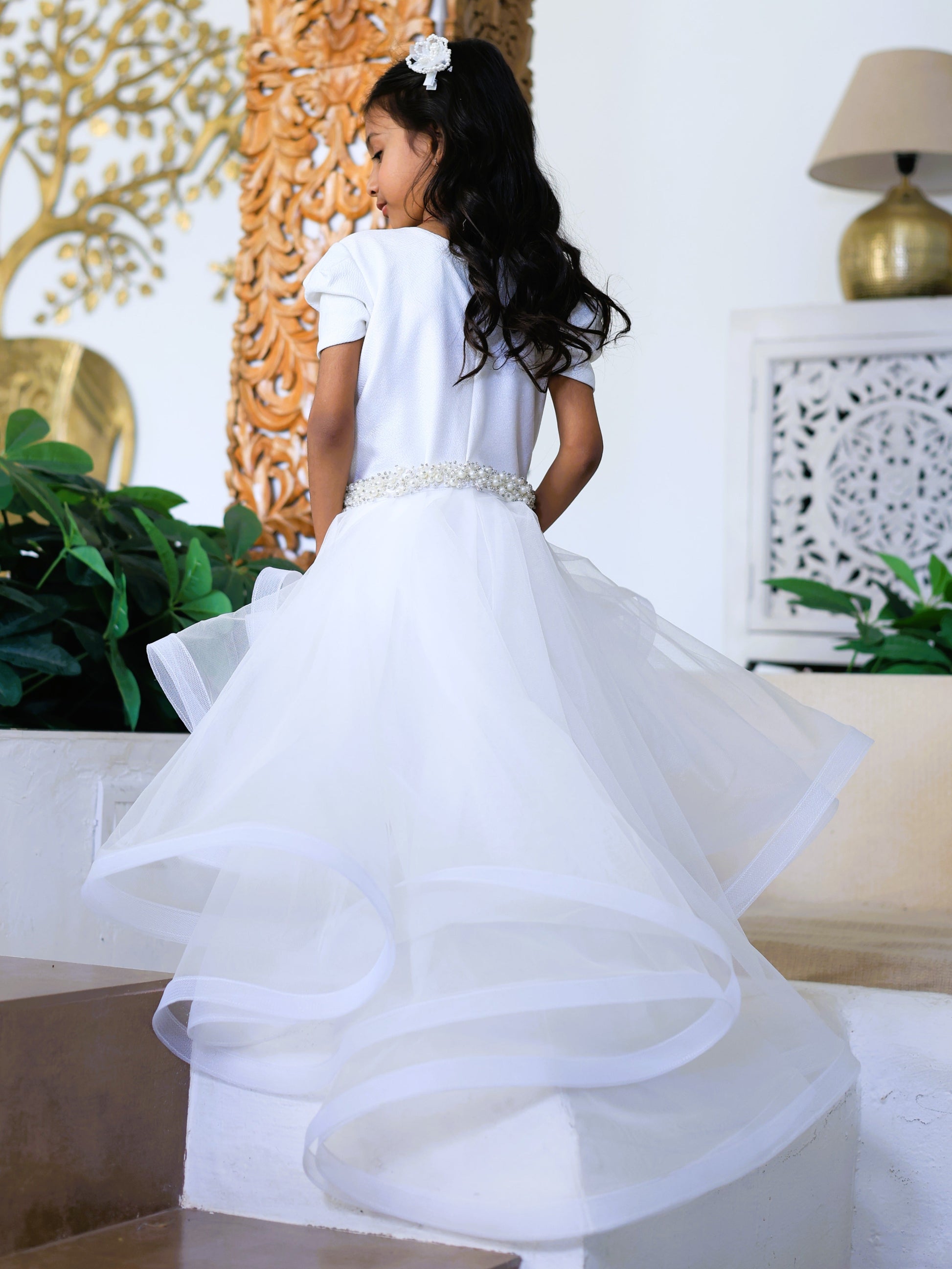 Pear Bear White Detachable Belt with Drape Dress.