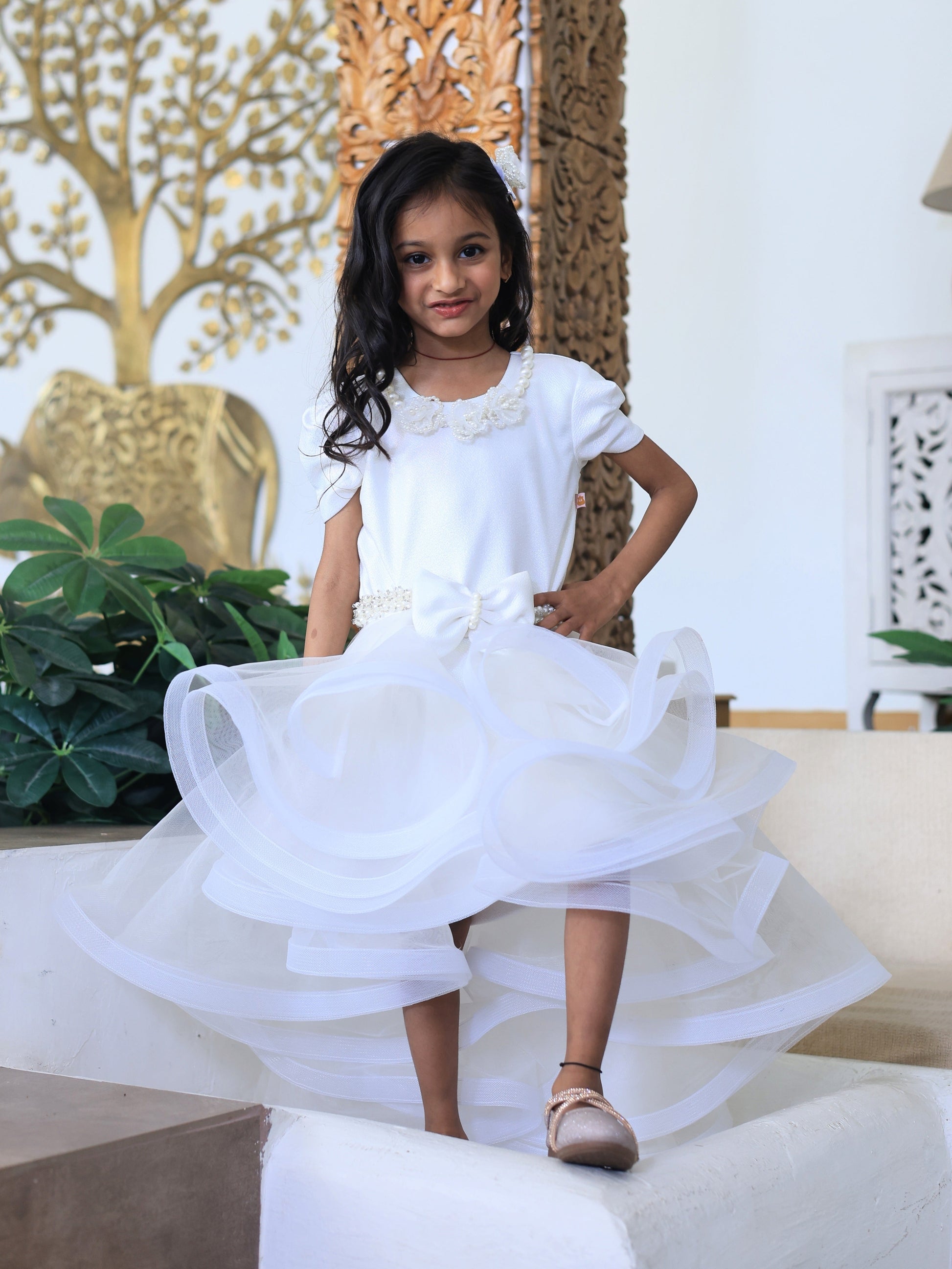 Pear Bear White Detachable Belt with Drape Dress.