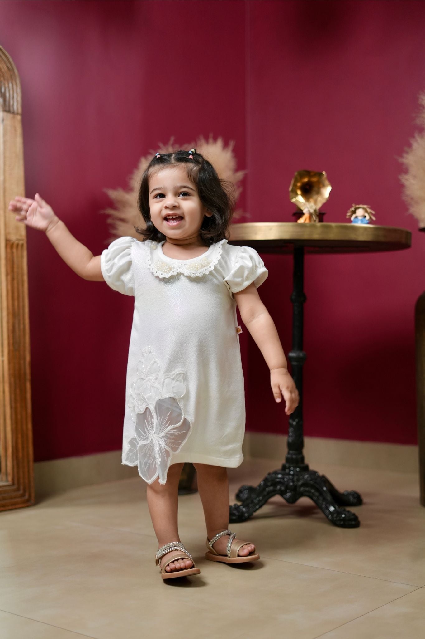 Pear Bear White Embellished Dress With Matching Sling Bag.