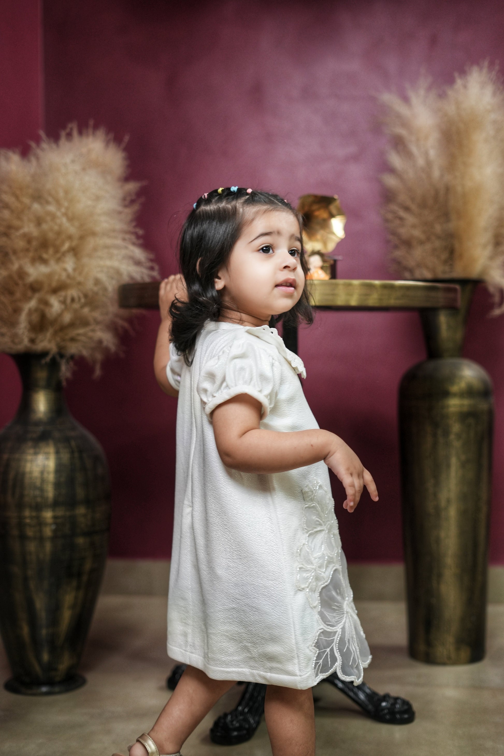 Pear Bear White Embellished Dress With Matching Sling Bag.