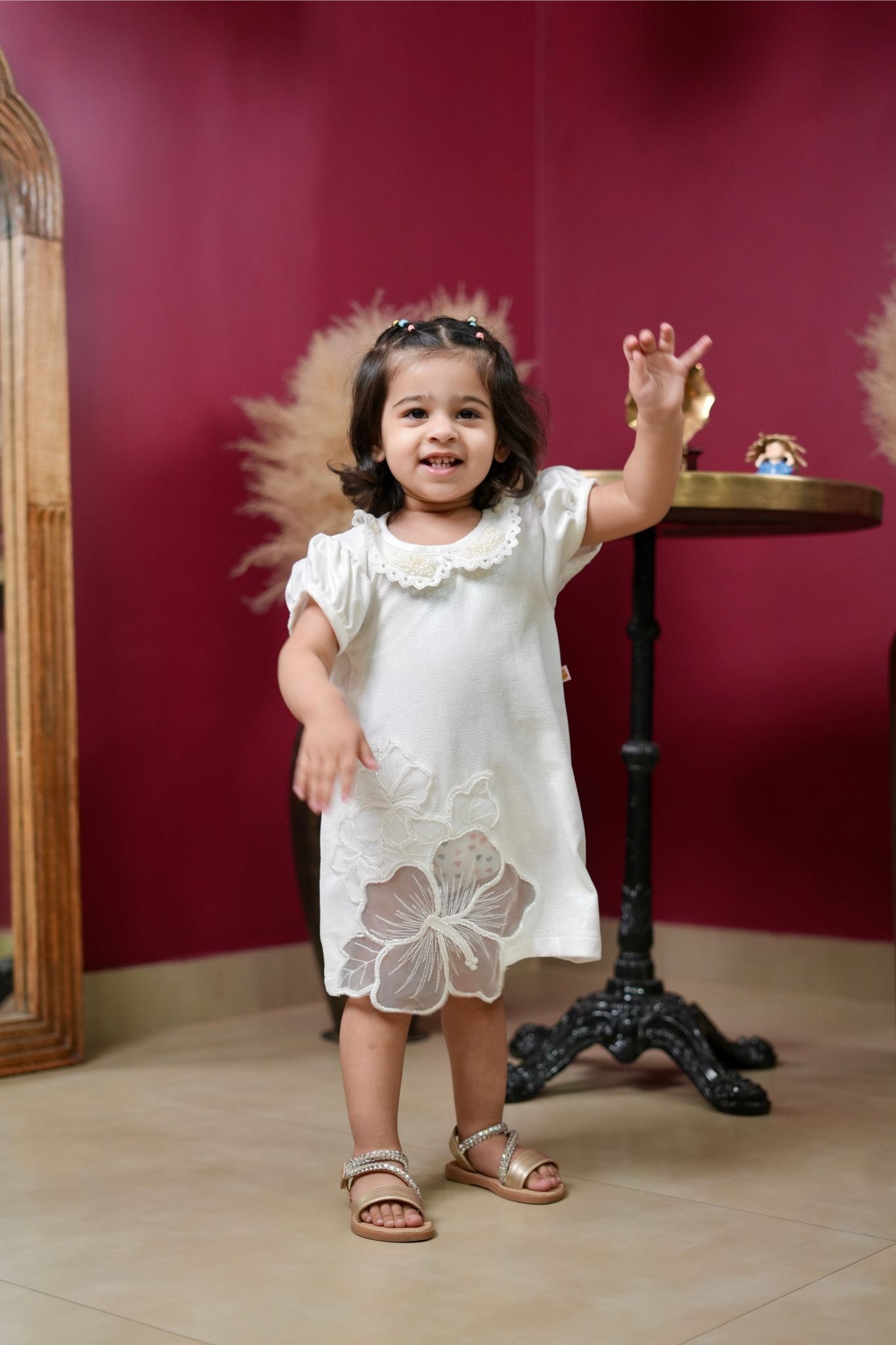 Pear Bear White Embellished Dress With Matching Sling Bag.