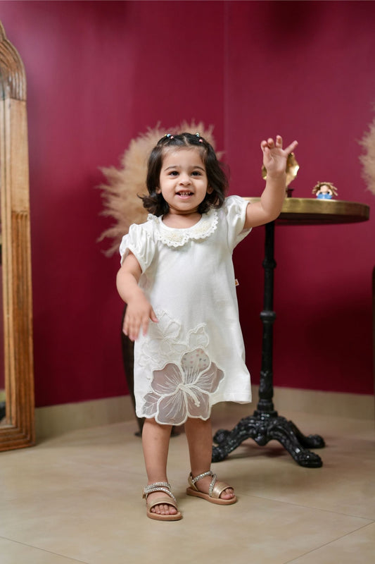 Pear Bear White Embellished Dress With Matching Sling Bag.