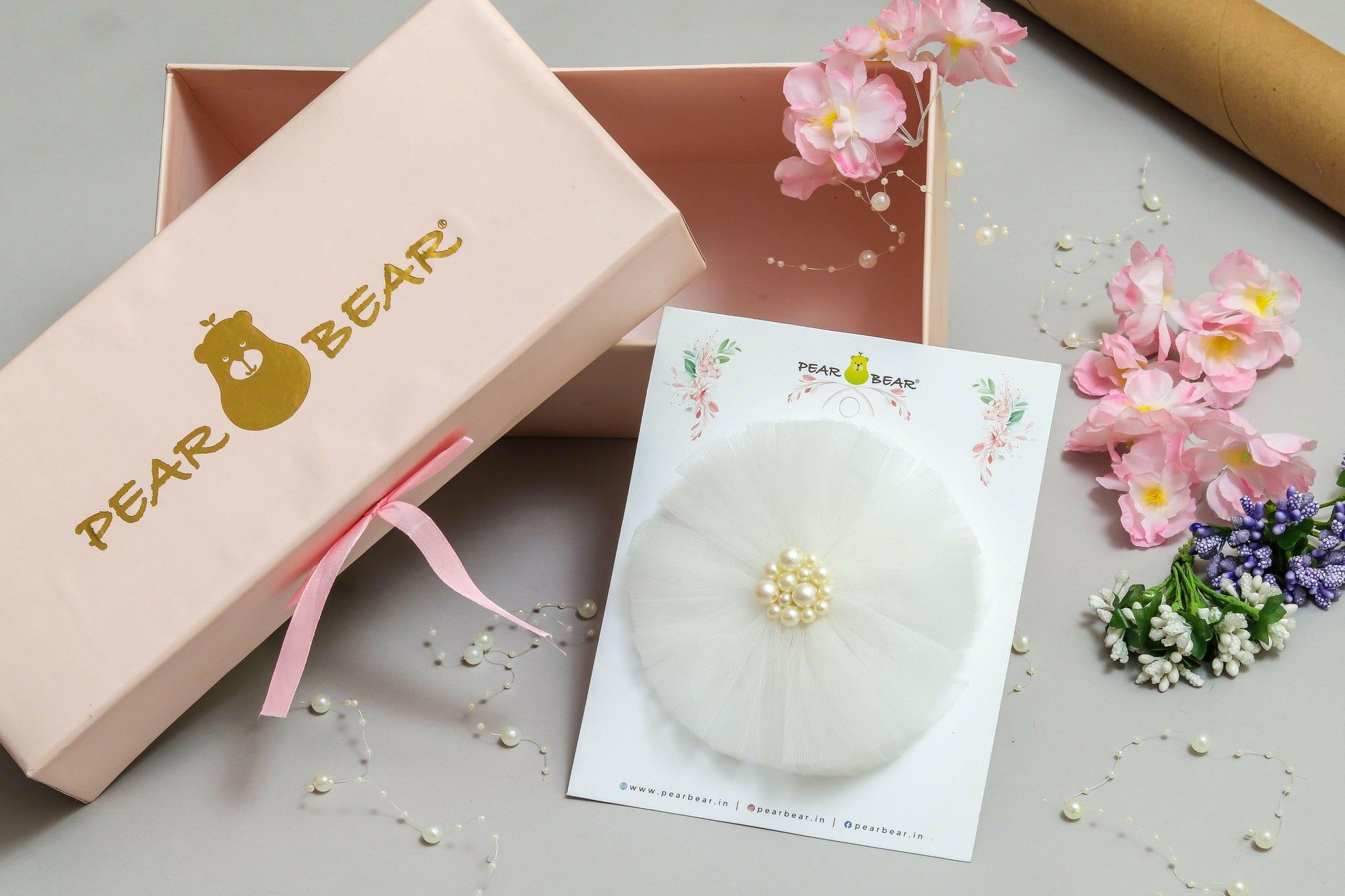 Pear Bear White Pearls Adorned Frilly Cute Hair Clip.