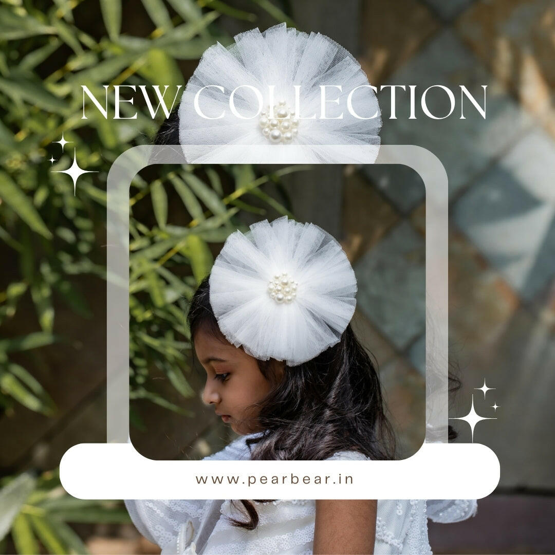 Pear Bear White Pearls Adorned Frilly Cute Hair Clip.