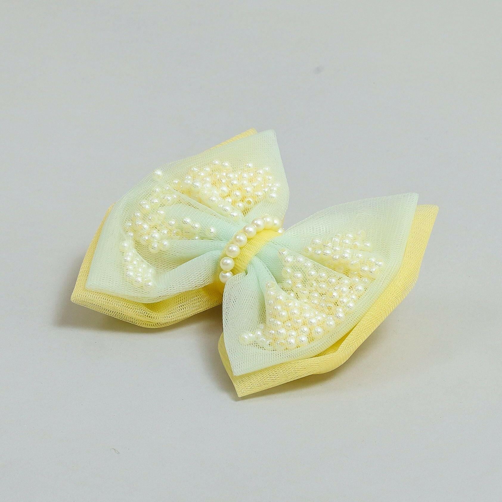 Pear Bear Yellow And Blue Net Dual Bow Hair Clip.