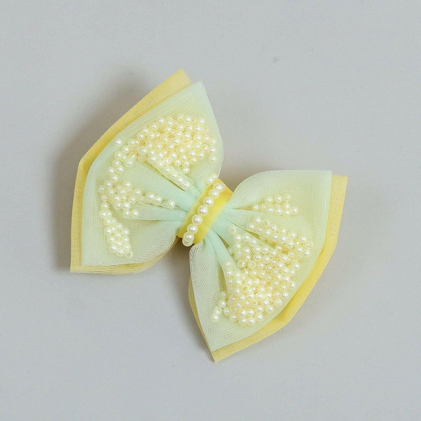 Pear Bear Yellow And Blue Net Dual Bow Hair Clip.