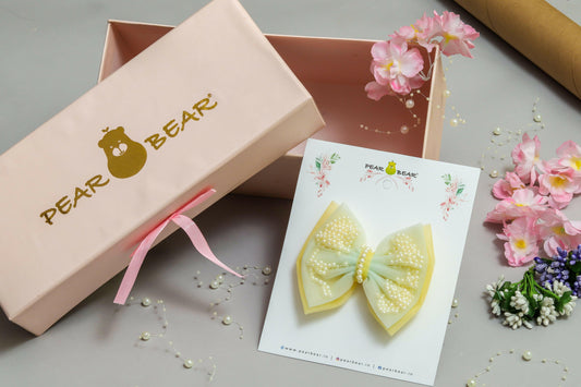 Pear Bear Yellow And Blue Net Dual Bow Hair Clip.