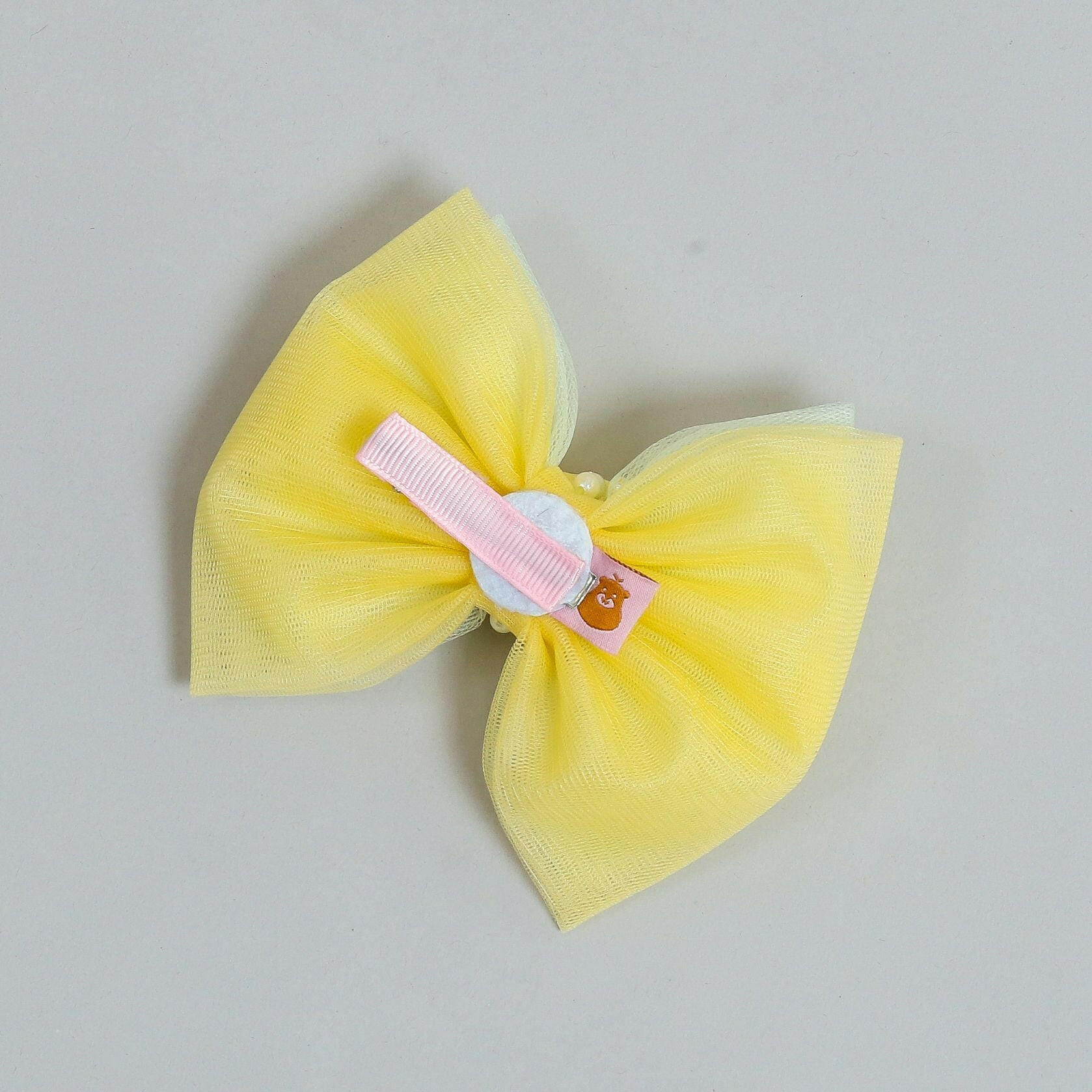 Pear Bear Yellow And Blue Net Dual Bow Hair Clip.