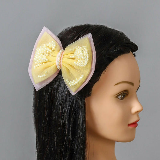 Pear Bear Yellow And Pink Net Dual Bow Hair clip.