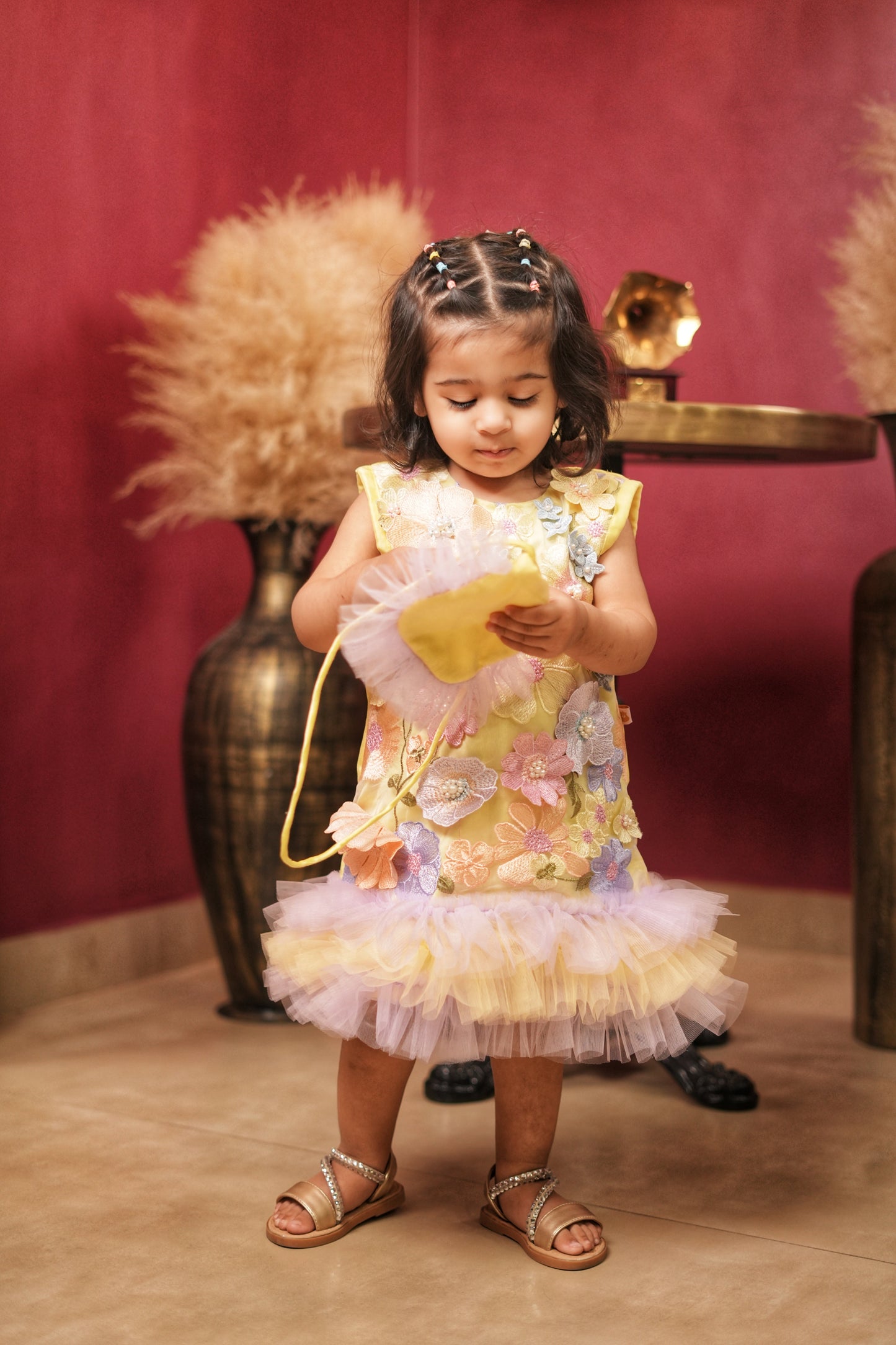 Pear Bear Yellow & Lavendar Pretty Flower Bouquet Dress.