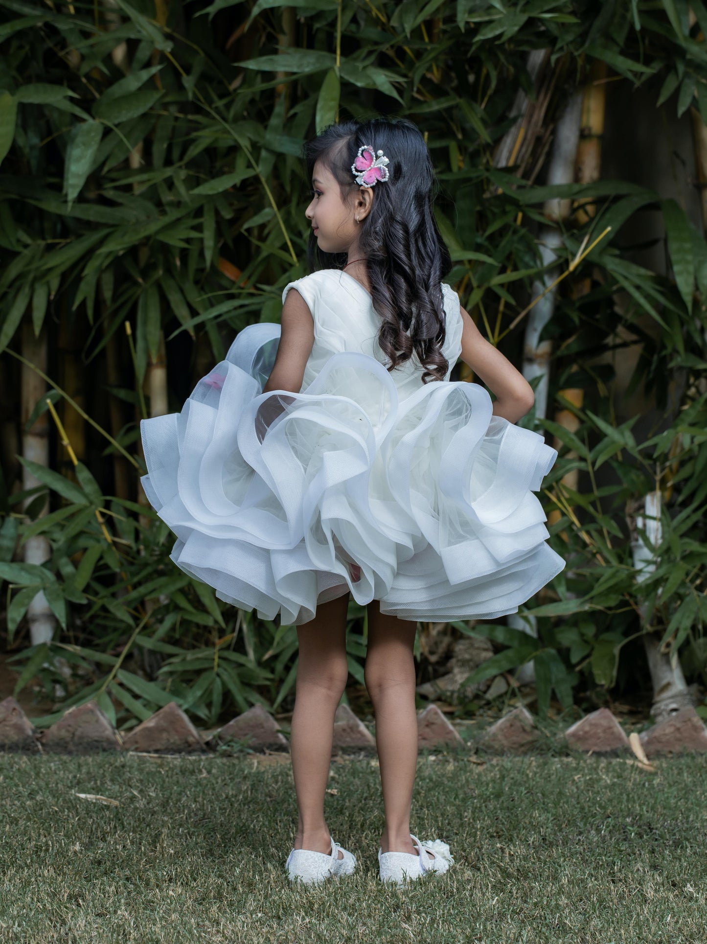 Pleated Yoke Off White Butterfly Dress with Stiff Belt.