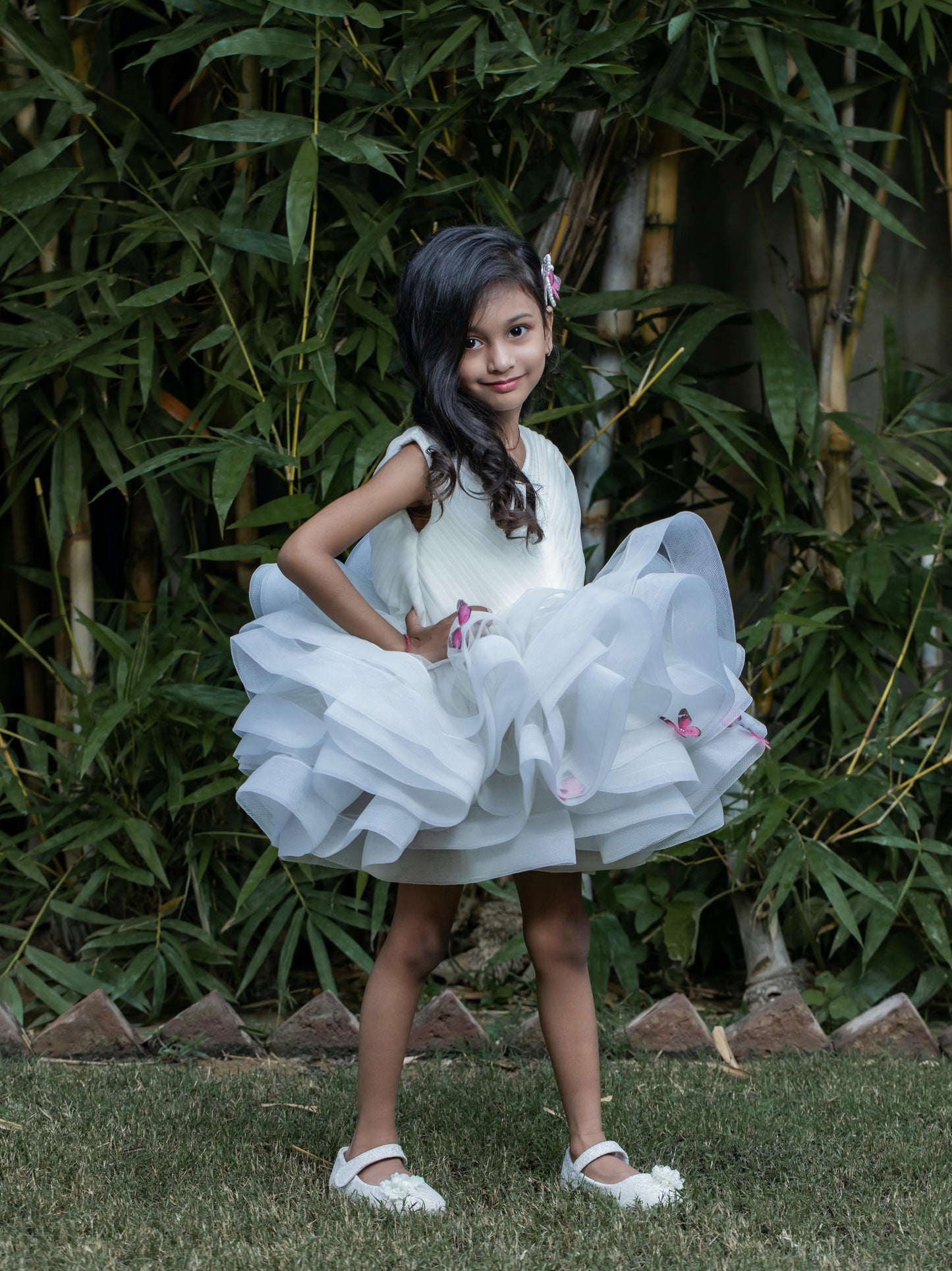Pleated Yoke Off White Butterfly Dress with Stiff Belt.
