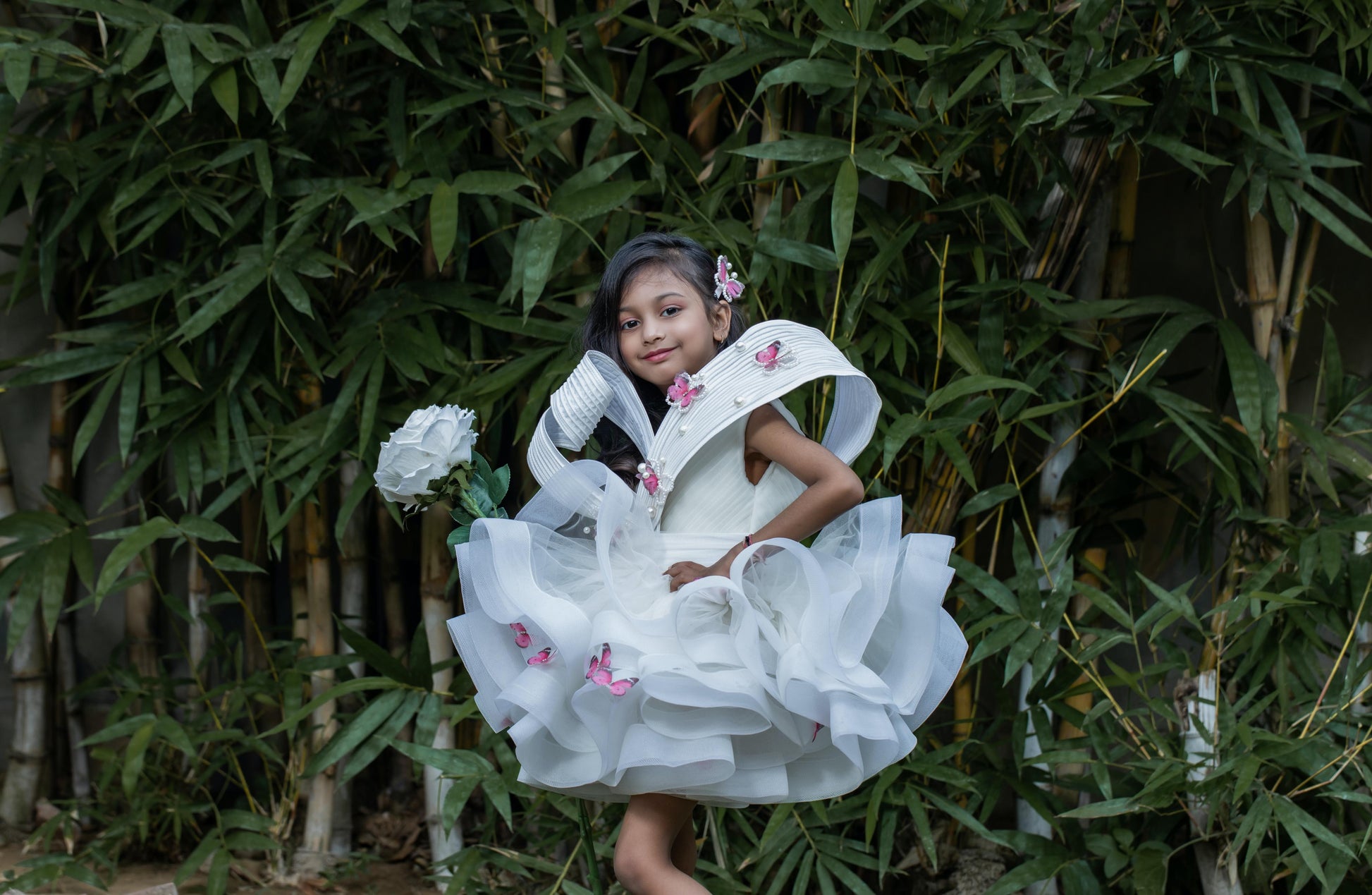 Pleated Yoke Off White Butterfly Dress with Stiff Belt.