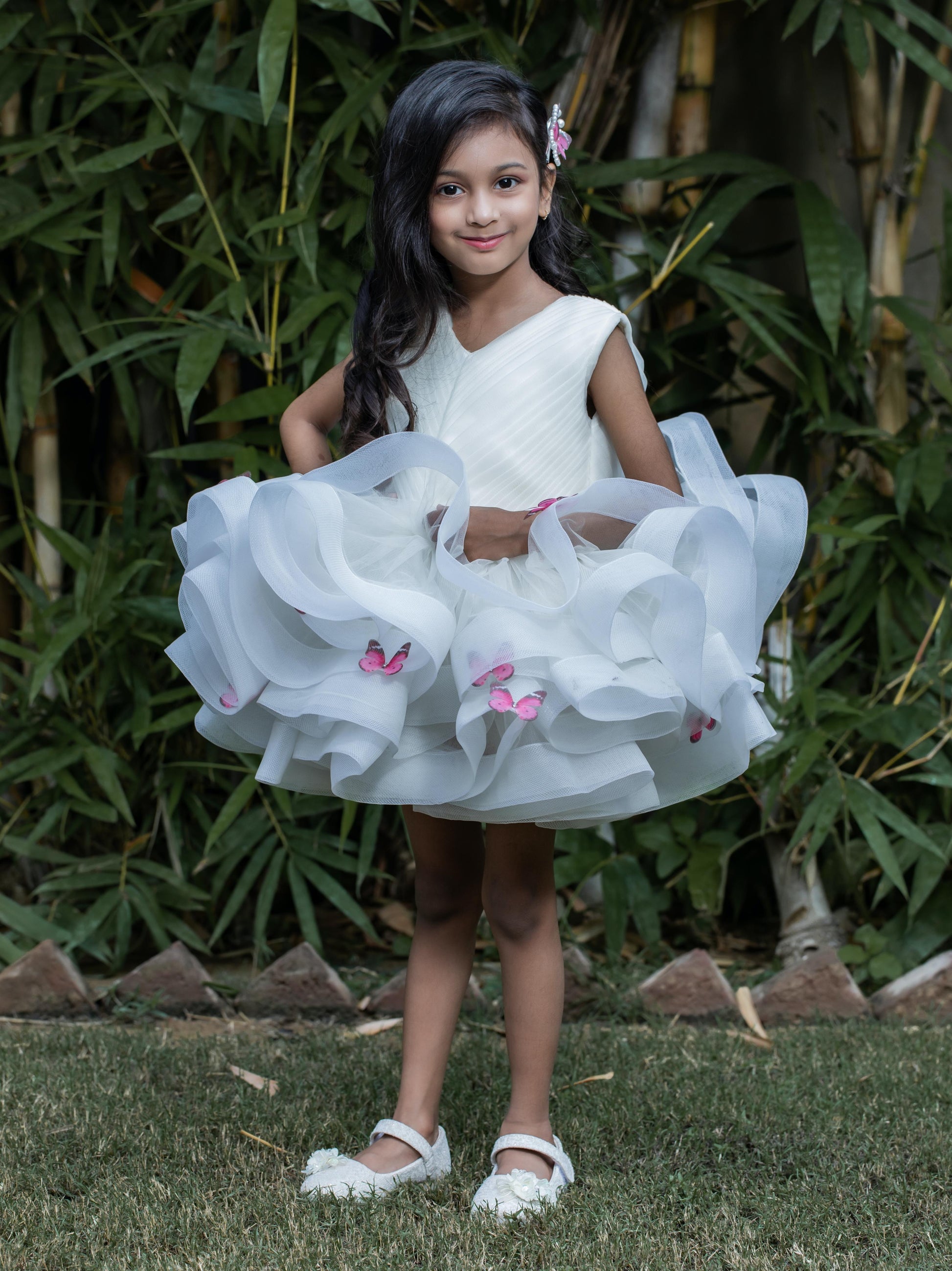Pleated Yoke Off White Butterfly Dress with Stiff Belt.