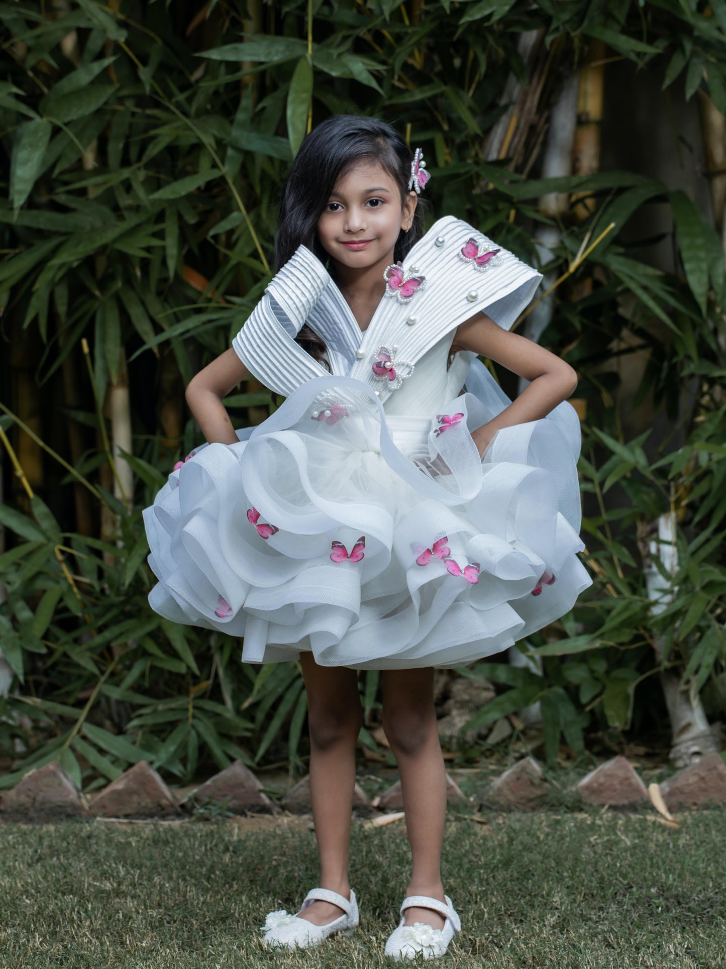 Pleated Yoke Off White Butterfly Dress with Stiff Belt.