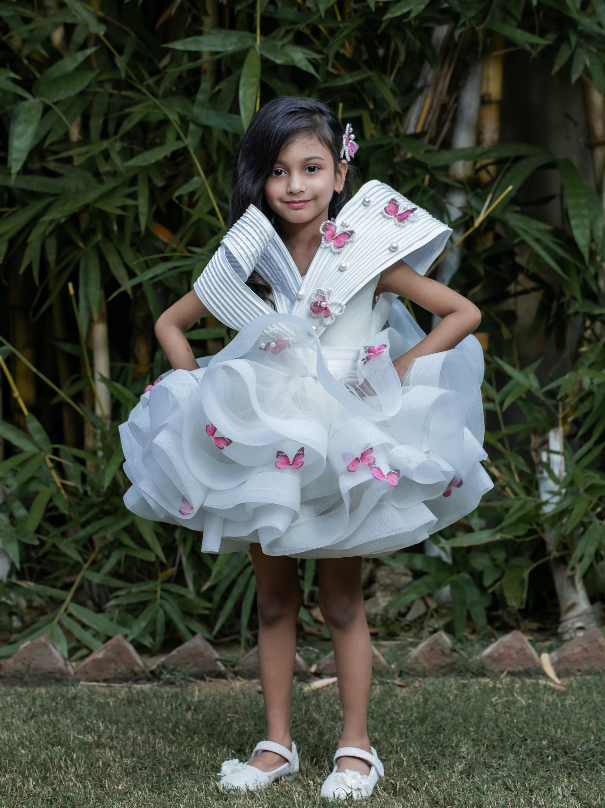 Pleated Yoke Off White Butterfly Dress with Stiff Belt.