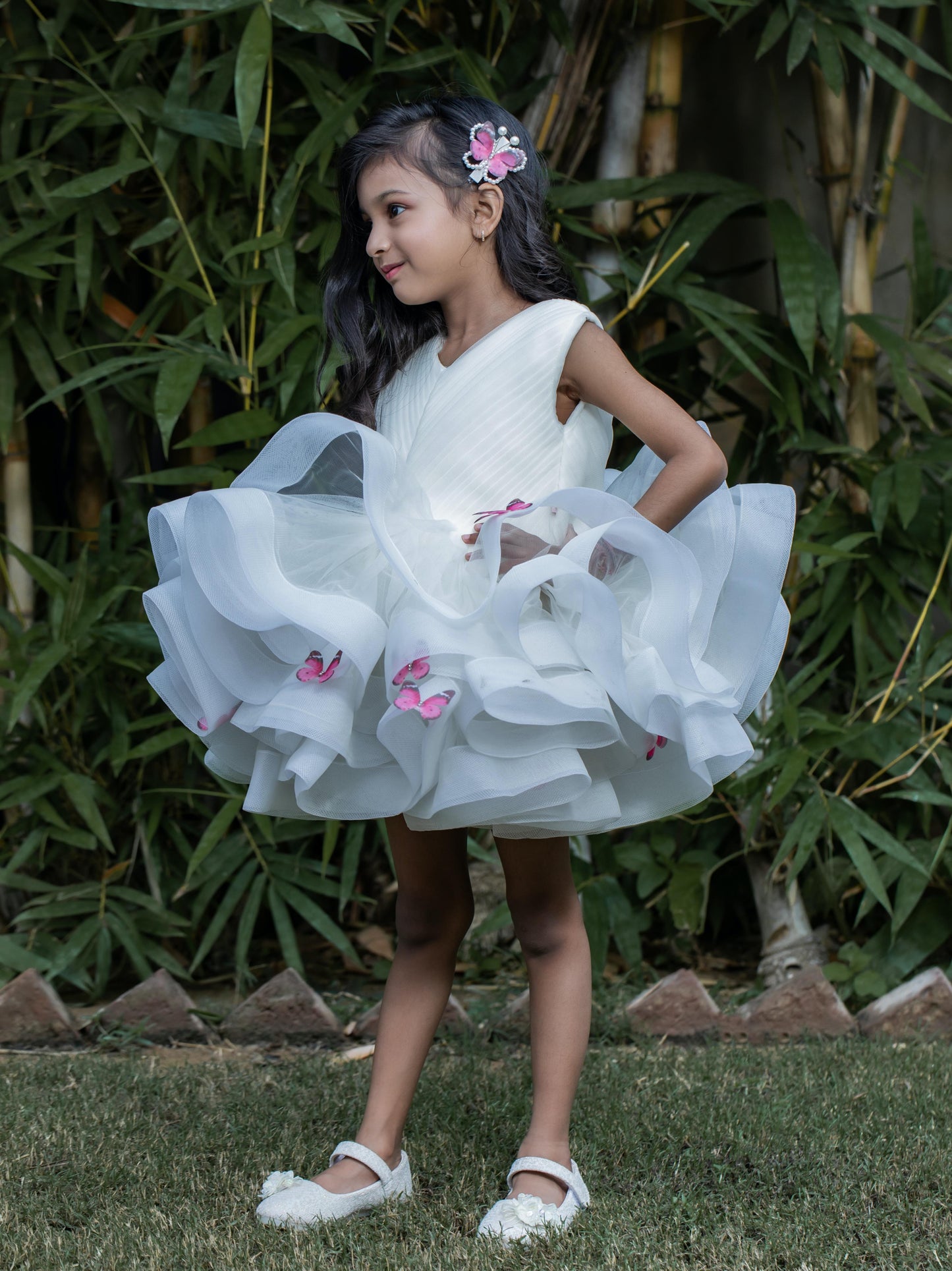 Pleated Yoke Off White Butterfly Dress with Stiff Belt.