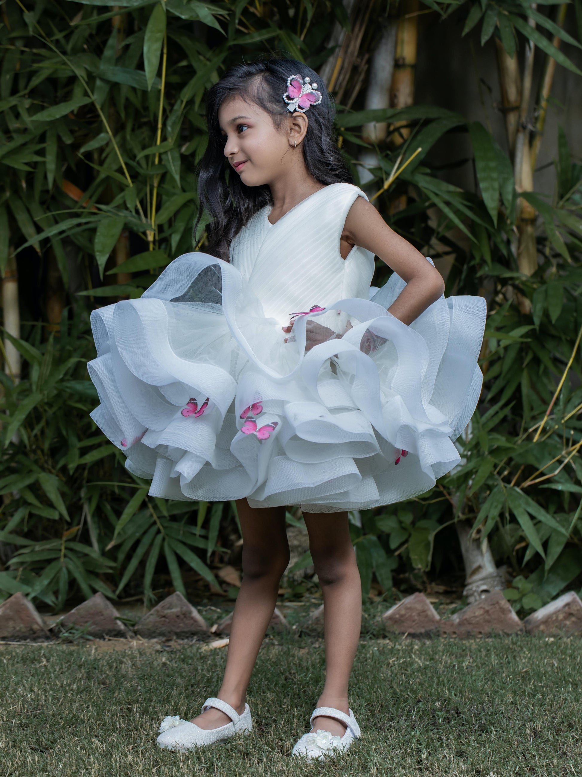 Pleated Yoke Off White Butterfly Dress with Stiff Belt.
