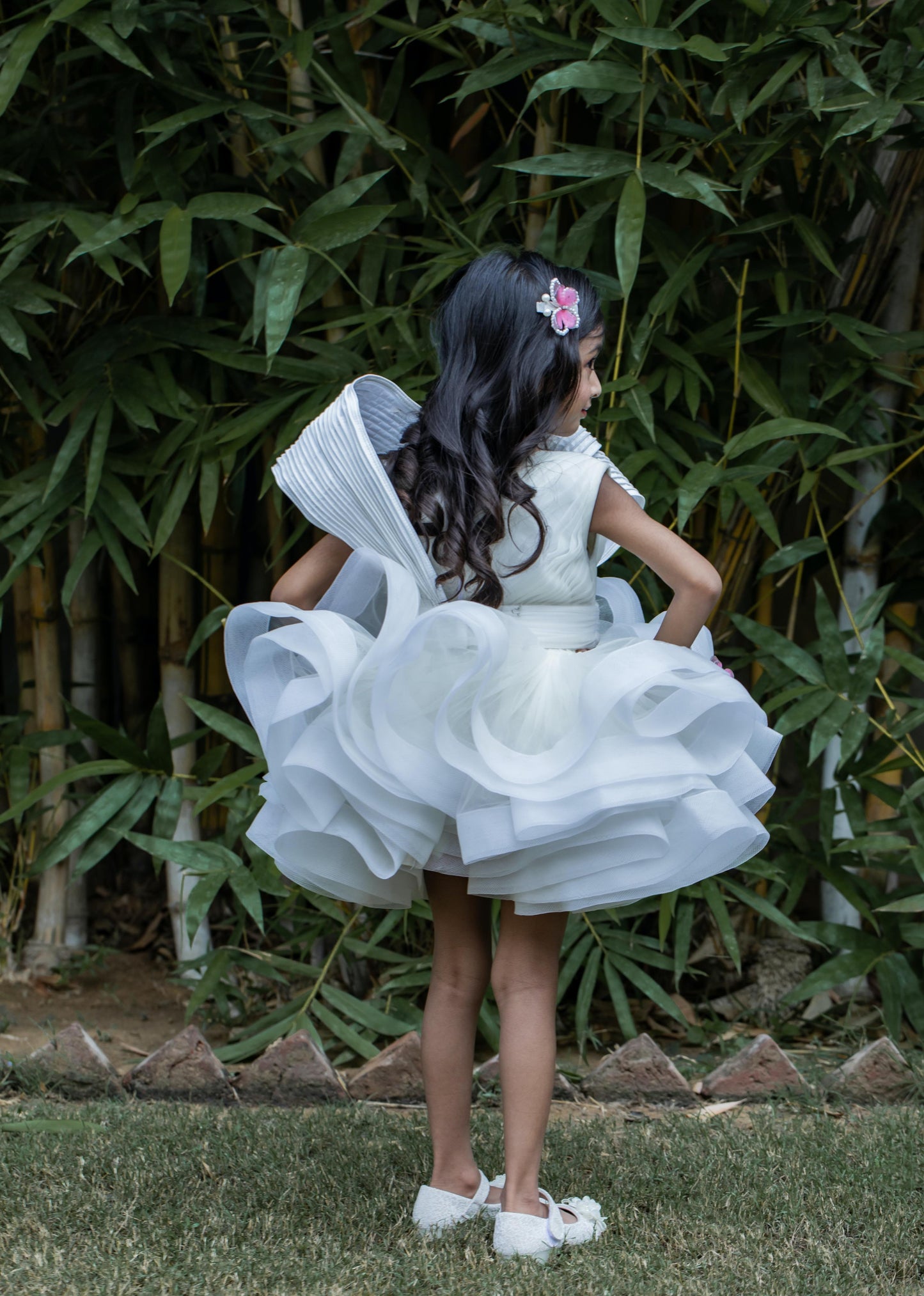 Pleated Yoke Off White Butterfly Dress with Stiff Belt.